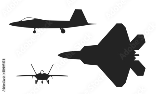 f-22 raptor fighter jet. side and front view. usa air force and army symbol. isolated vector image for military design