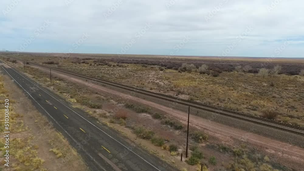 Drone along Route 66 iconic highway in Arizona Drone along Route 66 iconic highway in Arizona