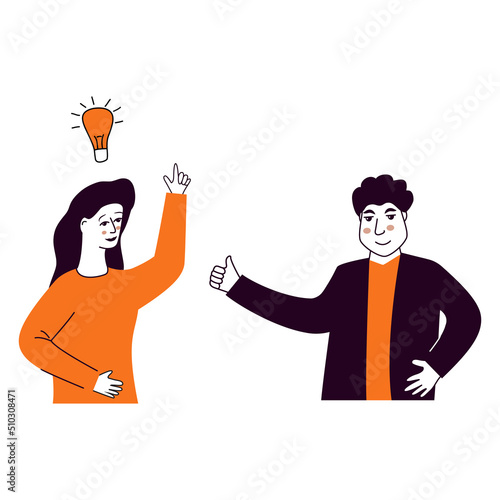 People talking and thinking.Man and woman talk.Businessmen discuss social network.Brainstorm doodle hand drawn elements.Light bulb with concept of new idea.Man holding up his index finger.