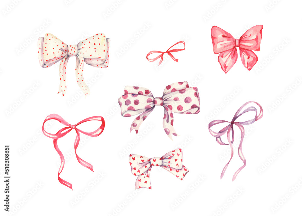 Watercolor bows and ribbons. Ribbon illustration. Bows and ribbons watercolor set. Hand drawn elements isolated on white backgrounds. Design for celebration, gifts, packing, greetings, background Watercolor bows and ribbons. Ribbon illustration. Bows and ribbons watercolor set. Hand drawn elements isolated on white backgrounds. Design for celebration, gifts, packing, greetings, background