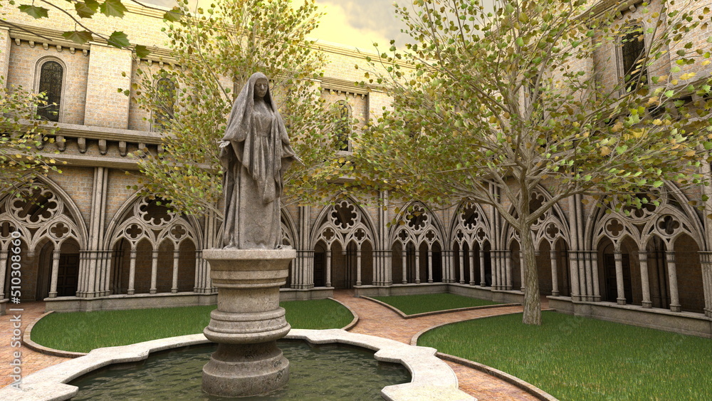 修道女の像があるの中庭