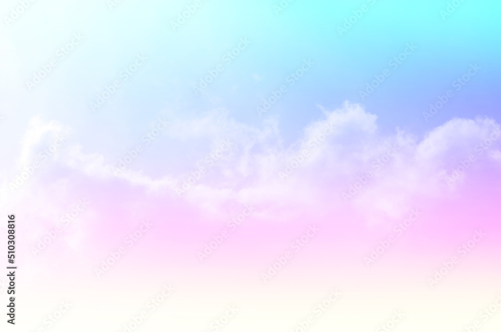 Pastel sky with soft white clouds. Fantastic color fantasy background. Sweet dreams concept for wallpaper, backdrop and design.