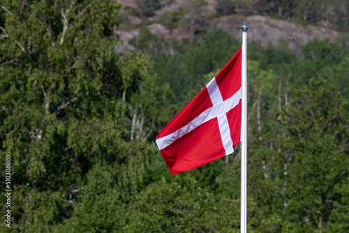 Danish flag on a pole outside. Nature background with trees