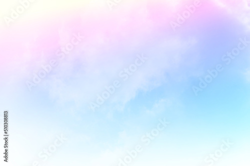 Pastel sky with soft white clouds. Fantastic color fantasy background. Sweet dreams concept for wallpaper  backdrop and design.