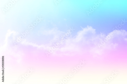 Pastel sky with soft white clouds. Fantastic color fantasy background. Sweet dreams concept for wallpaper, backdrop and design. © kikk