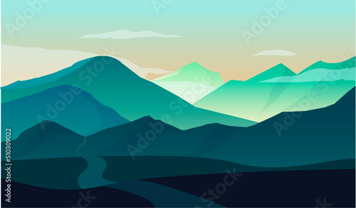 Fototapeta Naklejka Na Ścianę i Meble -  Vector illustration of a beautiful dark blue mountain landscape. sunrise and sunset in the mountains.