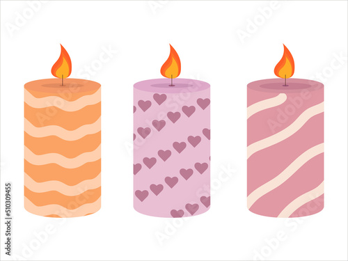 Burning cute wax and paraffin scented candles. Candles decor for home and comfort, holiday