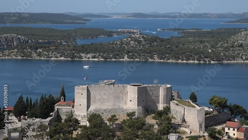 The fortresses of the city of Šibenik and the view of the estuary of the Krka river into the sea