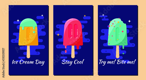Ice cream day banner collection for social media stories. Cute flat illustration with red, yellow and blue fruit ice sticks isolated on dark background. Festive concepts. Sweet summer vector set
