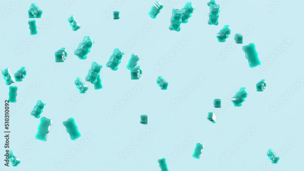 Slow Motion. Seamless Loop Background. Gummy Bears Candy. Aquamarine jelly candy bears falling on light blue background. Gummy Bears 4K, Ultra HD resolution stock footage Slow Motion. Seamless Loop Background. Gummy Bears Candy. Aquamarine jelly candy bears falling on light blue background. Gummy Bears 4K, Ultra HD resolution stock footage