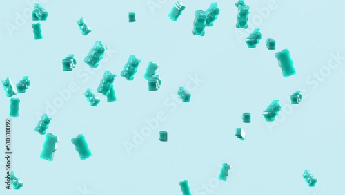 Slow Motion. Seamless Loop Background. Gummy Bears Candy. Aquamarine jelly candy bears falling on light blue background. Gummy Bears 4K, Ultra HD resolution stock footage