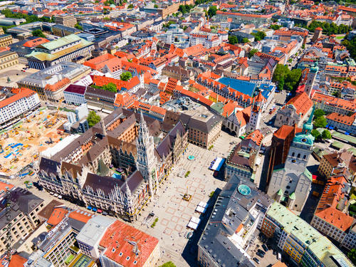 Marienplatz aerial panoramic view in Munich city, Germany