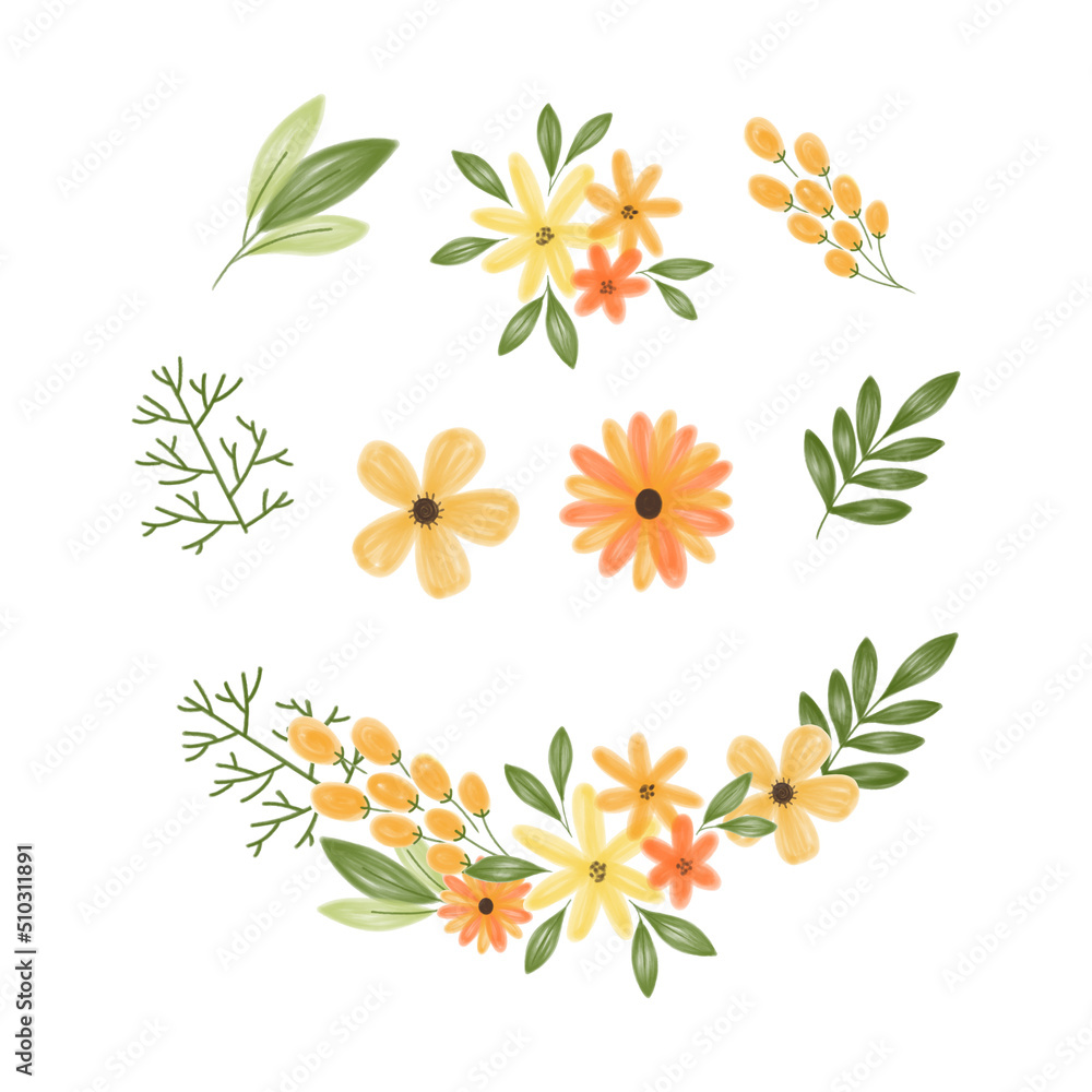 Cute Yellow Watercolor Flower Arrangement Vector Collection