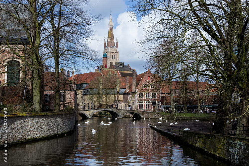 Bruges, Belgium – March 2018 – Architectural detail of the city of Bruges, the capital and largest city of the province of West Flanders in the northwest of the country