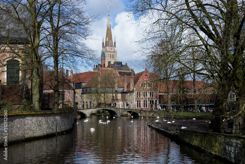 Bruges, Belgium – March 2018 – Architectural detail of the city of Bruges, the capital and largest city of the province of West Flanders in the northwest of the country