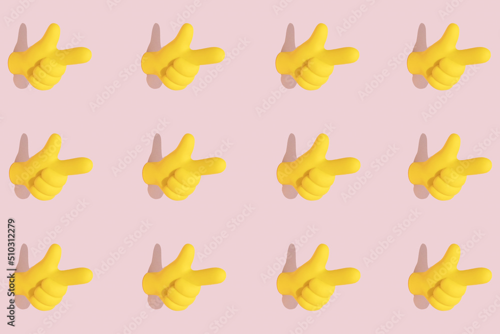 Bright yellow pointer symbol icon on pastel pink background. Hand gesture, attention or essence concept. Seamless pattern, isometric view. Bright yellow pointer symbol icon on pastel pink background. Hand gesture, attention or essence concept. Seamless pattern, isometric view.