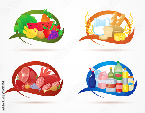 food logo. supermarket products. butcher shop, breakfast, fruits, vegetables, meat, milk, soda, bread, chicken, fish, sausage, cheese, flour. red, blue, green and orange frames