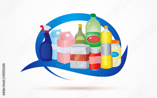 market product logo. blue frame with milk, olive oil, soda, flour, cleaning product, mayonnaise