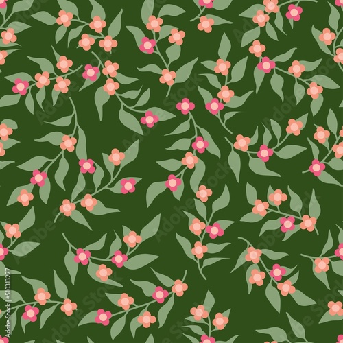 Seamless pattern of a little flowers and branch with leaves. Abstract small flower patter. Vector illustration.