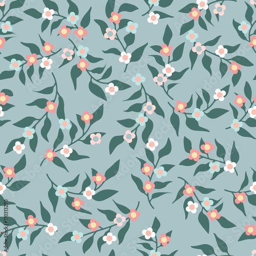 Seamless pattern of a little flowers and branch with leaves. Abstract small flower patter. Vector illustration.