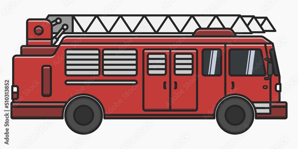 isolated red firetruck cartoon style side view vector flat illustration