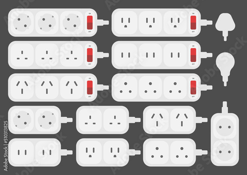 power strip extension cord outlet plug set vector flat illustration