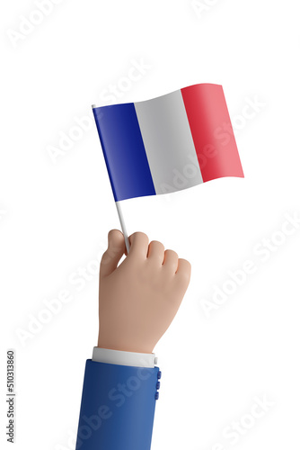 Cartoon hand with the flag of France. 3d illustration. photo