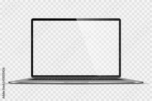 Realistic Darkgrey Notebook with Transparent Screen Isolated. New Laptop. Open Display. Can Use for Project, Presentation. Blank Device Mock Up. Stock royalty free vector illustration. PNG