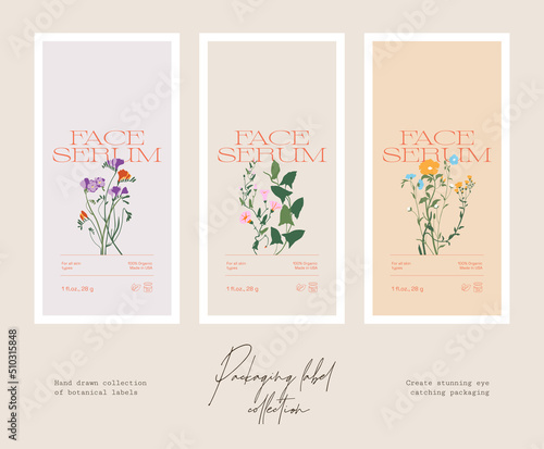 Hand drawn botanical line art vector cosmetics printable label design template