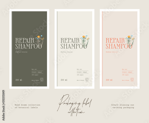 Hand drawn botanical line art vector cosmetics printable label design template