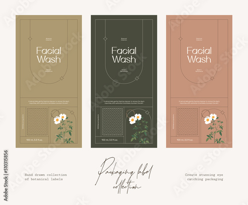 Hand drawn botanical line art vector cosmetics printable label design template