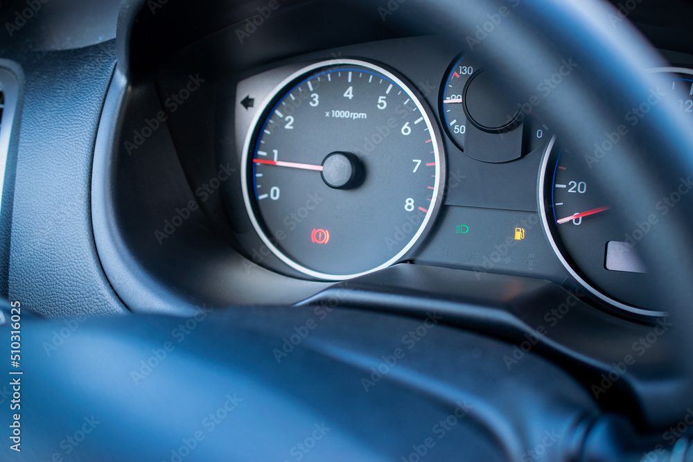 Fuel gauge gas empty. Car tank low petrol meter indicator on dashboard