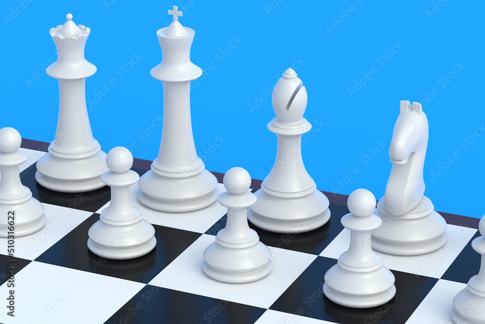 White chess figures on chess board. Table games. International tournament. Hobby and leisure. 3d render White chess figures on chess board. Table games. International tournament. Hobby and leisure. 3d render