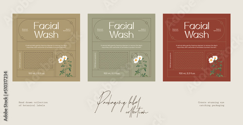Hand drawn botanical line art vector cosmetics printable label design template