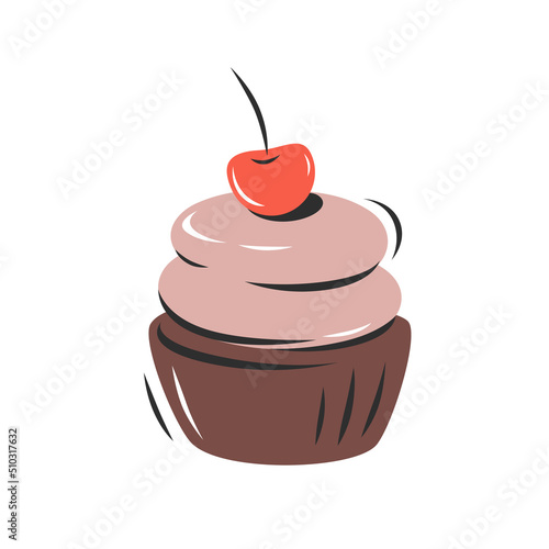 Cupcake and berries. Vector illustration for logo, menu, recipe book, baking shop, cafe, restaurant.