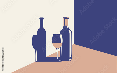 Vector illustration of a bottle of wine and a glass with wine next to it in trendy colors in a minimal style.