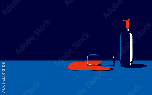 Vector illustration of a bottle of wine and a spilled glass with red wine next to it in a minimal style.