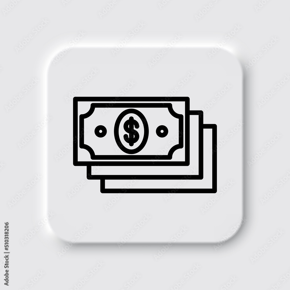 Dollars simple icon, vector. Flat design. Neumorphism design.ai Dollars simple icon, vector. Flat design. Neumorphism design.ai