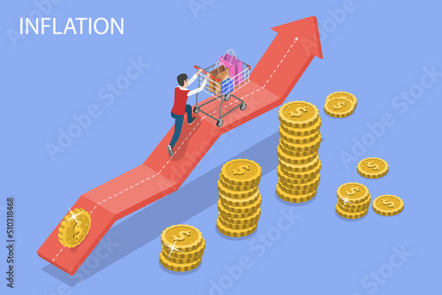 3D Isometric Flat Vector Conceptual Illustration of Inflation, Money Value Recession and Price Increase