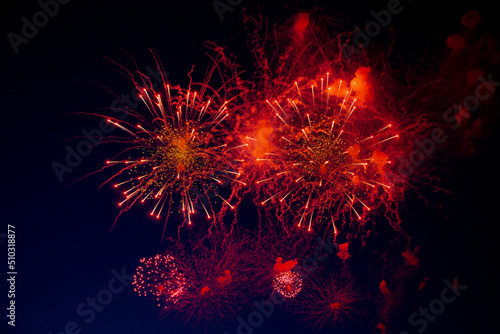 Bright red sparks come from the center of the fireworks  next to it smoke on the background of the night sky. High quality photo