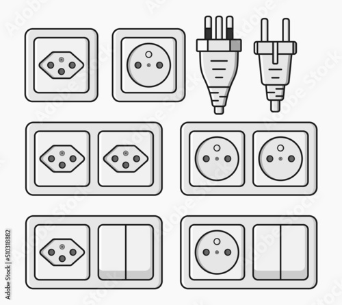 power outlet plug electric socket type n, j and e set vector flat illustration