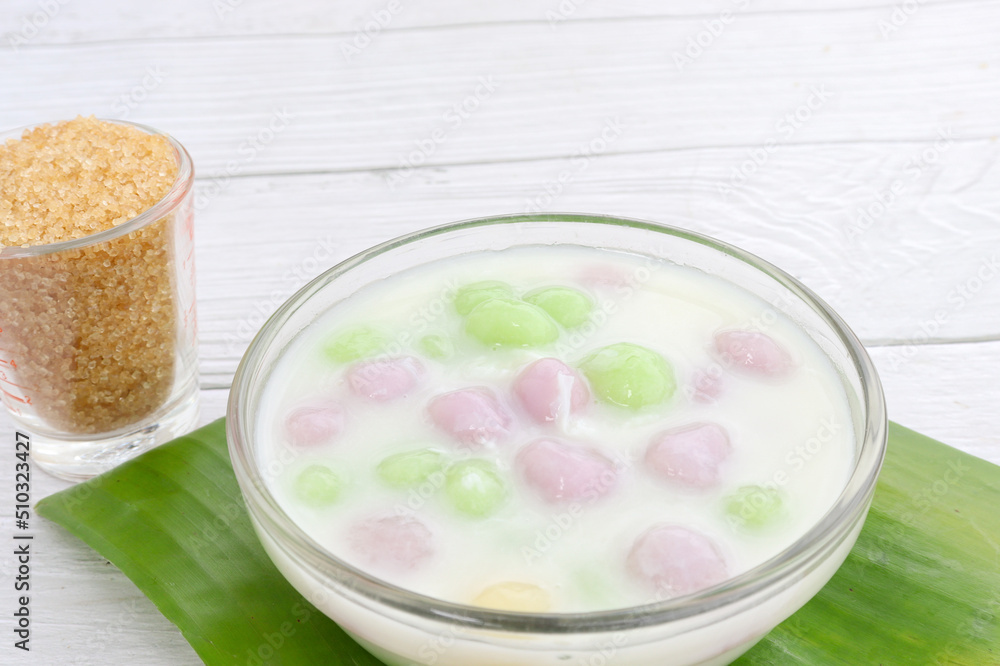 Thai dessert with colorful flour, milk and egg, rainbow tapioca Famous Thai dessert, Bualoy Thai dessert with colorful flour, milk and egg, rainbow tapioca Famous Thai dessert, Bualoy
