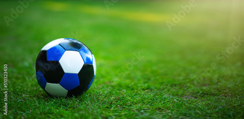 Blue soccer ball on green grass.Playing football.A children's ball for playing in a green clearing.A green banner with a ball. © Svetliy