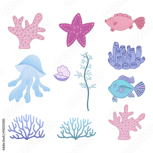 Cartoon inhabitants of the underwater world. Corals, fish, algae, starfish, jellyfish, clam, shell with pearl. Design elements. Vector.