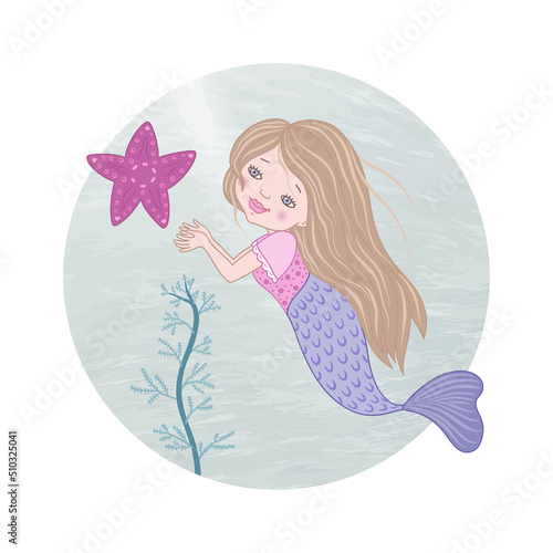 Cute cartoon mermaid with blonde hair, swimming underwater, starfish, algae. Vector.