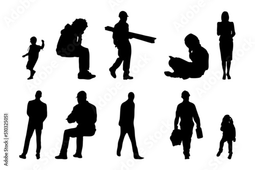 Vector silhouettes, Outline silhouettes of people, Contour drawing, people silhouette, Icon Set Isolated, Silhouette of sitting people, Architectural set	
