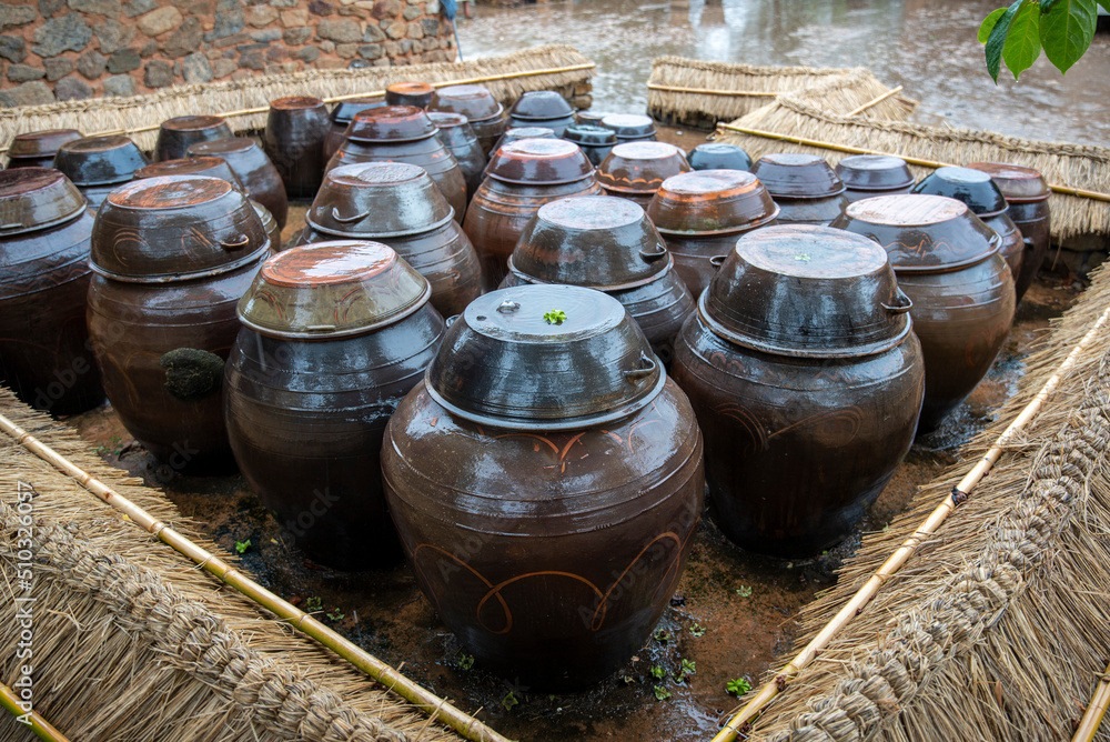 The platform for crocks of sauces and condiments of the Korean traditional house The platform for crocks of sauces and condiments of the Korean traditional house