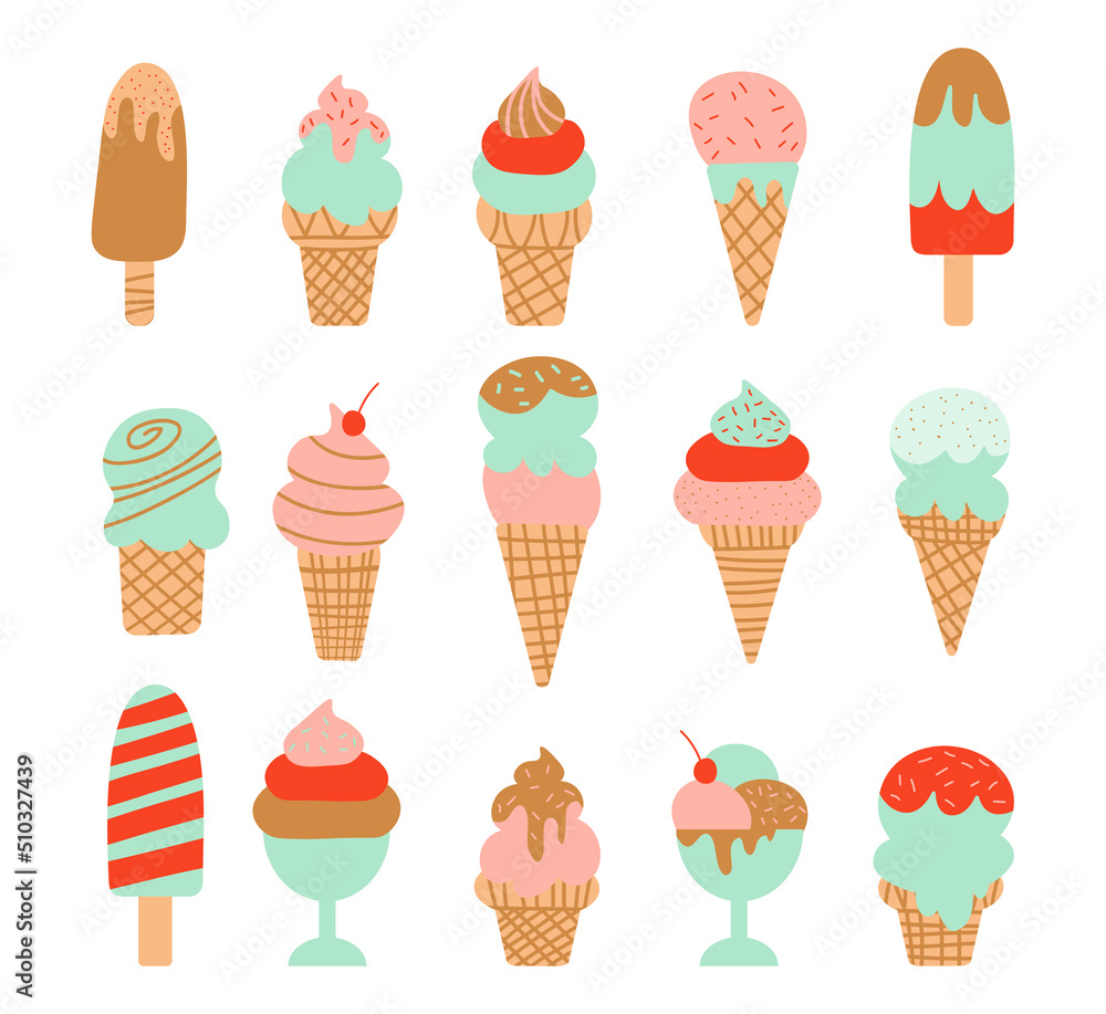 Tasty colorful ice cream set. Collection ice-cream cones and Popsicle with different topping isolated on white background. Vector illustration for web design or print EPS Tasty colorful ice cream set. Collection ice-cream cones and Popsicle with different topping isolated on white background. Vector illustration for web design or print EPS