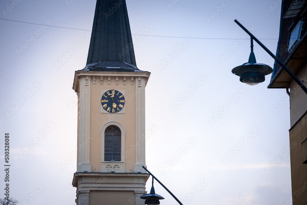 Church clocktower steeple of the serbian roman catholic church of crkva