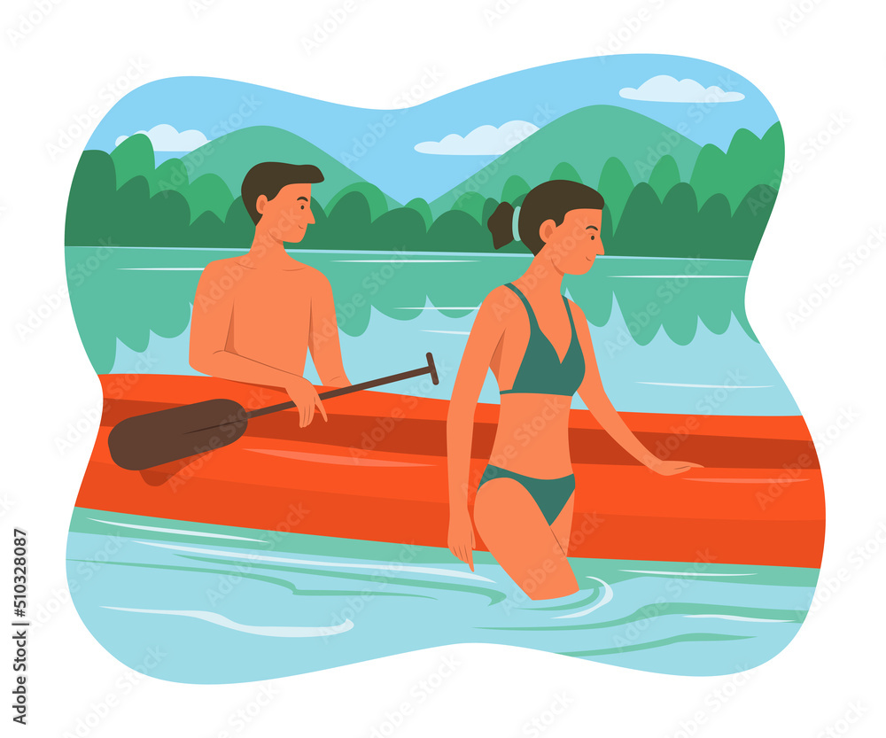 Man and Woman Enjoying with Canoe in River.